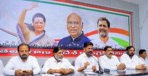 Revanth Reddy, President of the Telangana Pradesh Congress Committee (TPCC) with party leaders addresses a press conference at Gandhi Bhavan in Hyderabad. | Photo Credit: PTI