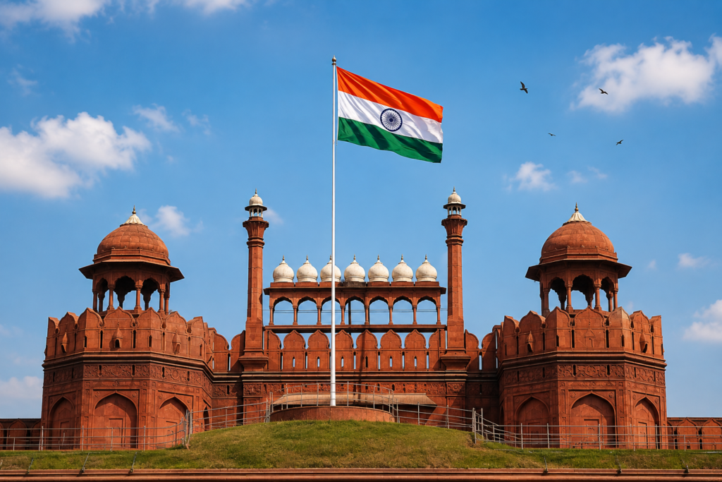 दिल्ली के ऐतिहासिक लाल किले के ऊपर लहराता भारतीय राष्ट्रीय ध्वज, Independence Day 2026 के राष्ट्रीय उत्सव और देशभक्ति का प्रतीक।