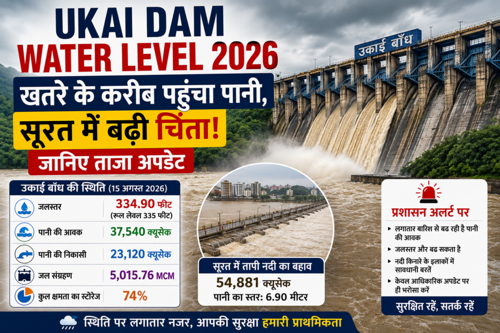 Ukai Dam Water Level 2026 में 334.90 फीट जलस्तर और सूरत में तापी नदी