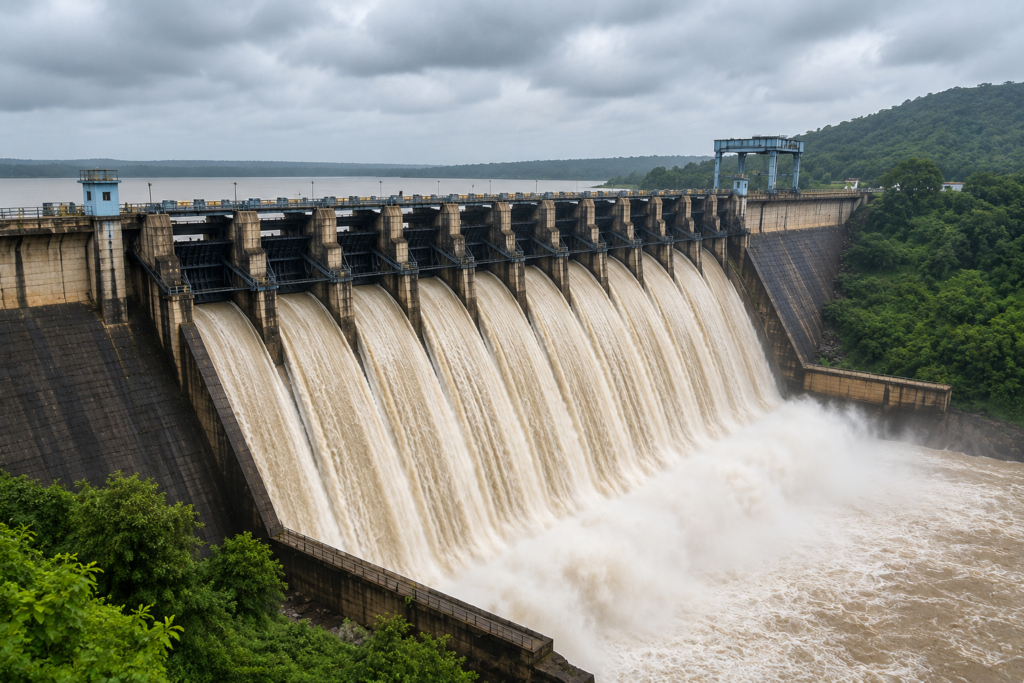 Ukai Dam में भारी पानी का बहाव और स्पिलवे से छोड़ा जा रहा पानी