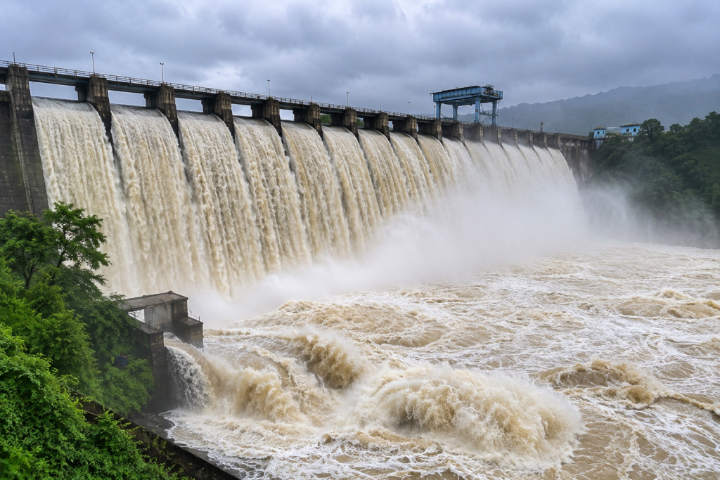 Overflow dam से तेज बहाव के साथ पानी छोड़ा जा रहा है