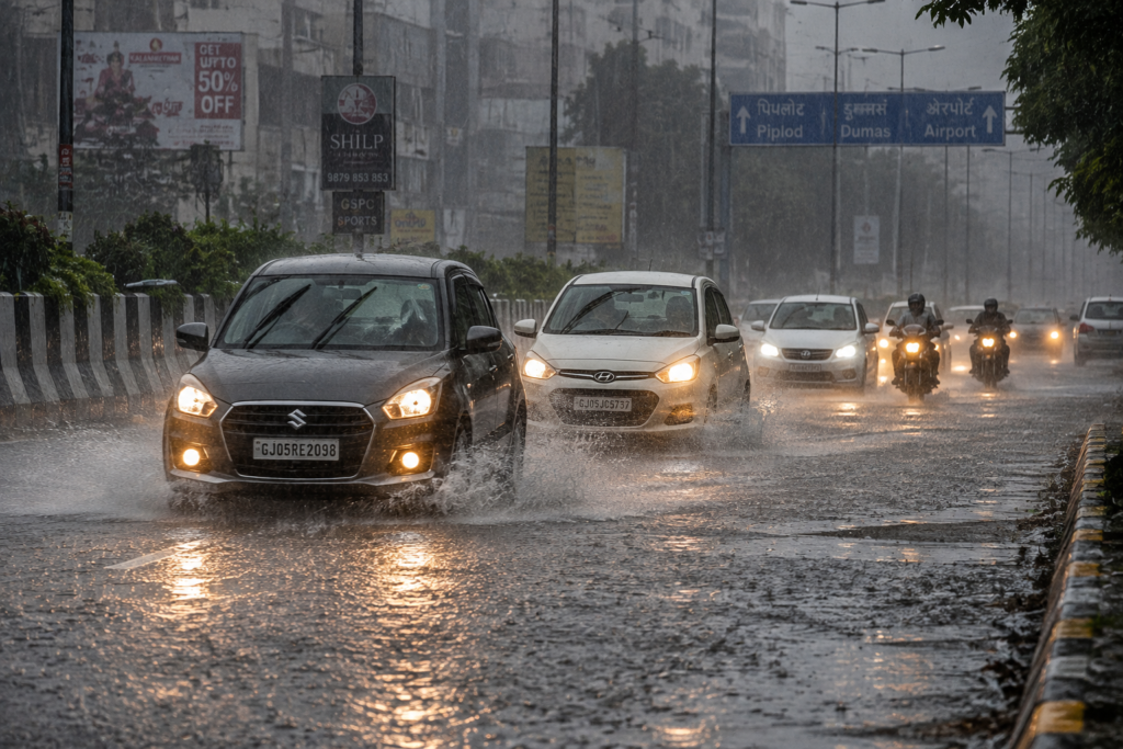Gujarat Rain Alert 2026: भारी बारिश में Surat की सड़कों पर चलती गाड़ियां