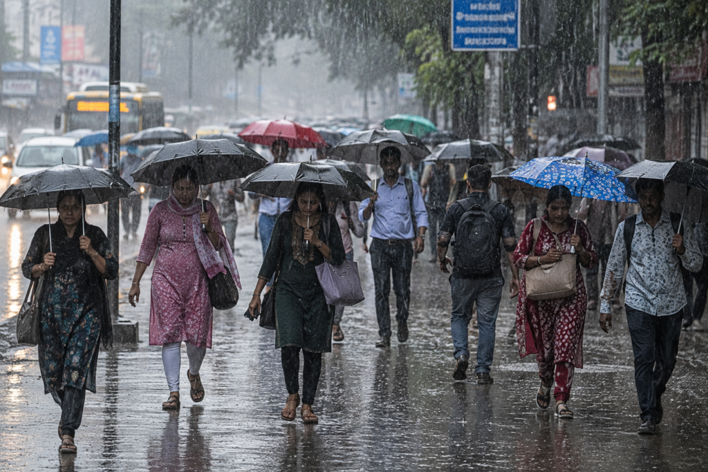 Gujarat Rain Alert 2026: भारी बारिश में सड़कों पर छाते लेकर निकलती जनता