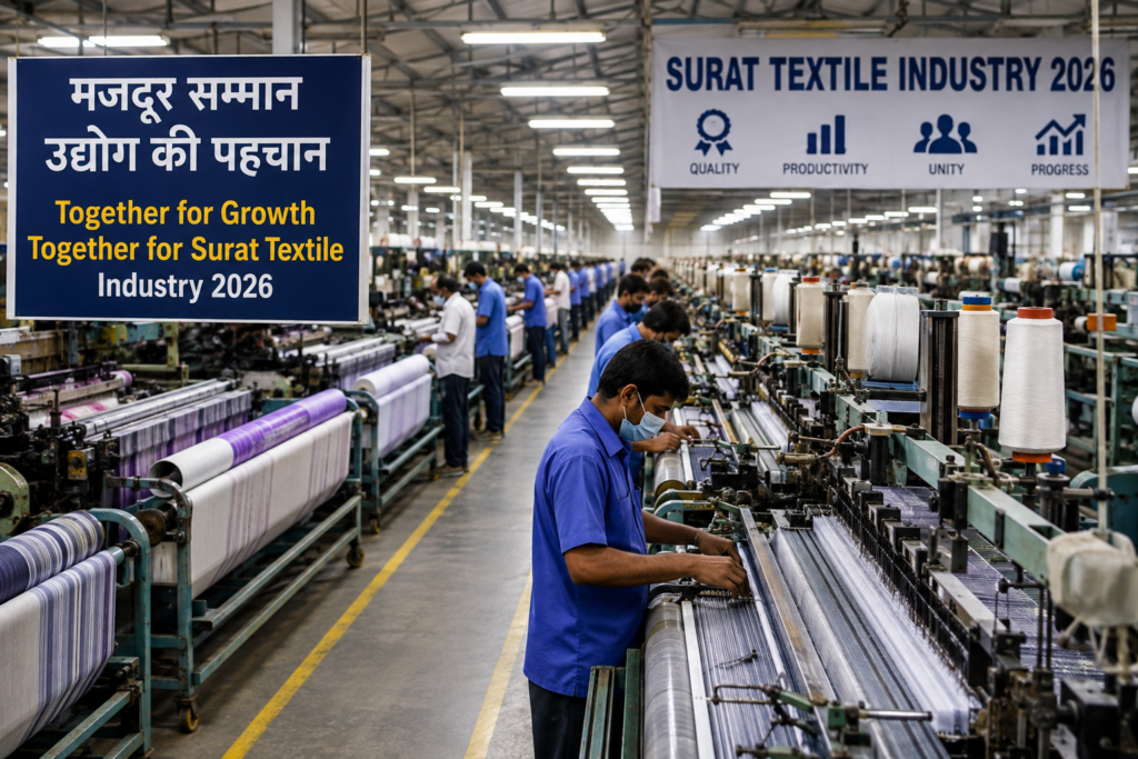 Surat Textile Industry 2026 में टेक्सटाइल फैक्ट्री और मजदूर