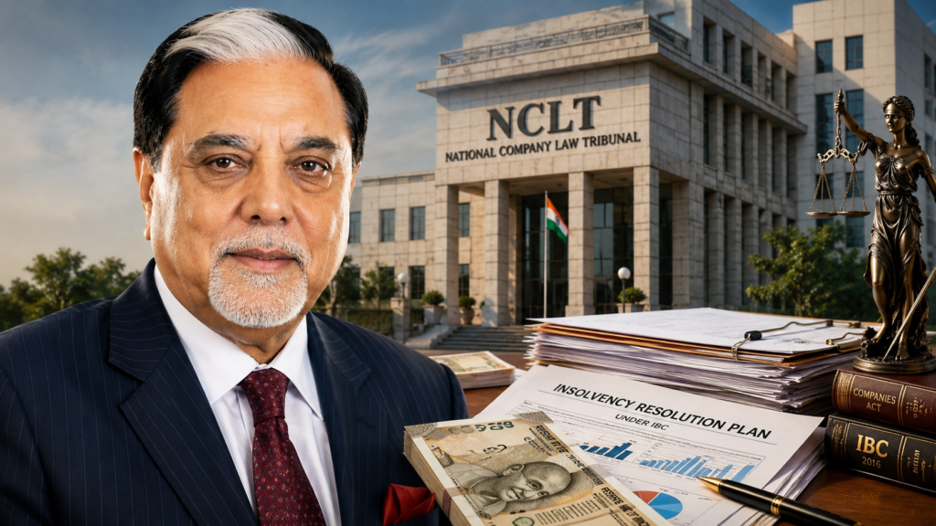 Subhash Chandra NCLT Ruling में NCLT भवन, कानूनी दस्तावेज और insolvency मामले का प्रतीकात्मक दृश्य