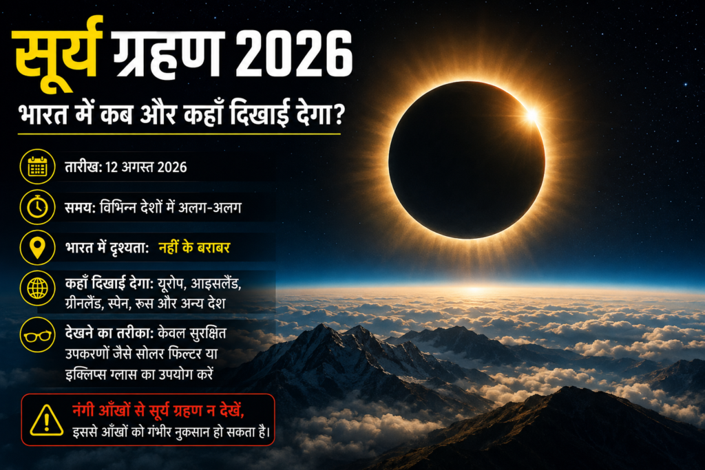 12 अगस्त 2026 को होने वाला पूर्ण सूर्य ग्रहण दुनिया के कई देशों में दिखाई देगा।